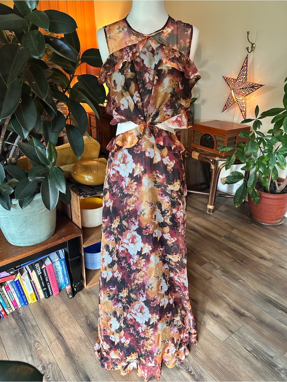 Floral Cutout Maxi Dress in Burgundy and Gold